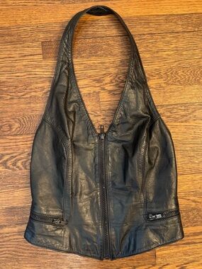 Wilsons Leather Vintage Black Zip-Front Halter Tank Summer Top Size Medium
